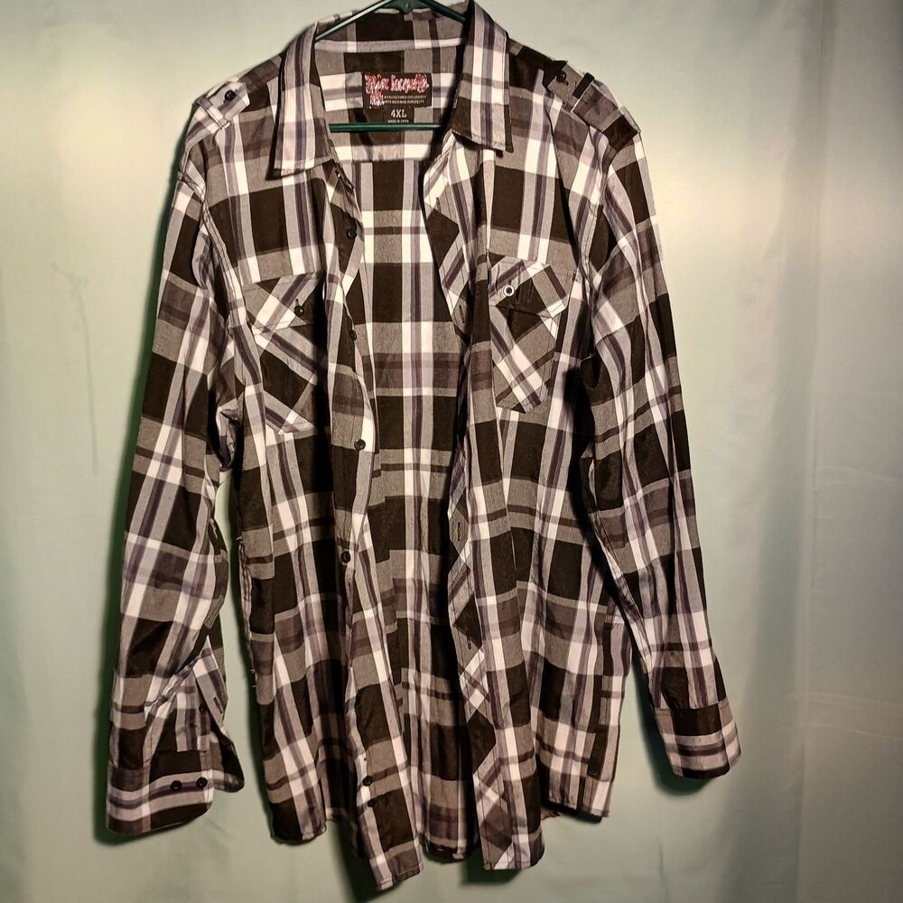 Men’s 4XL Black & Gray Plaid Button-Up Flannel Shirt – Long Sleeve Western Style